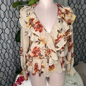 Floral Ruffle Blouse - Cream and Red